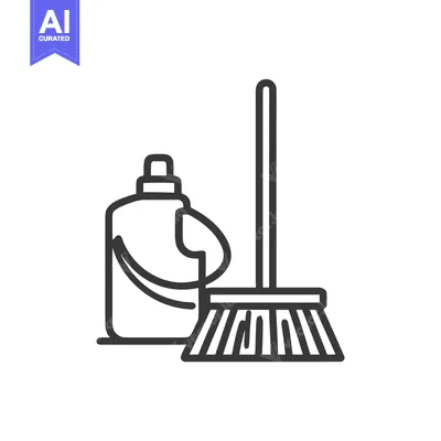 Aset desain premium: Minimalist Cleaning Supplies Icon: Broom and Detergent Bottle
