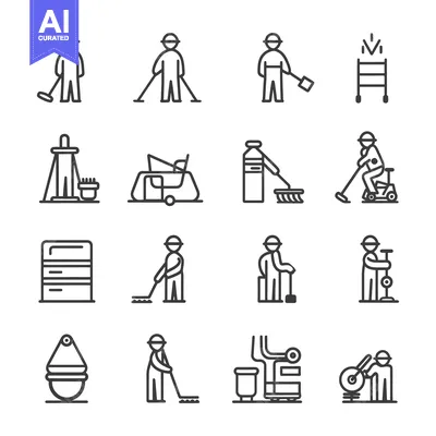 Aset premium populer: Cleaning Staff Icons with Equipment and Workers