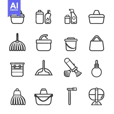 Aset premium populer: Cleaning Supplies and Equipment Line Icons Set