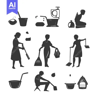 Aset premium populer: Cleaning Supplies and People Silhouettes