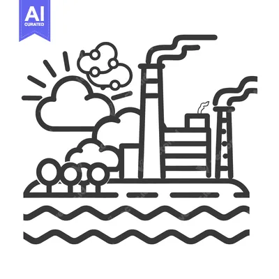 Aset premium populer: Black and white illustration depicts an industrial landscape with smok