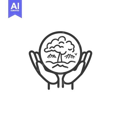 Aset desain premium: Hands holding a planet with a tree and natural landscape inside