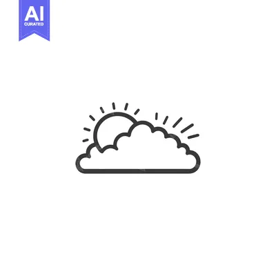 Aset desain premium: A simple black and white illustration of sun behind a cloud