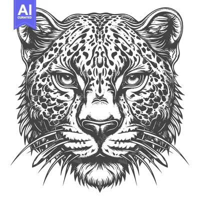Aset desain premium: Close-up Black and White Illustration of a Leopard's Face