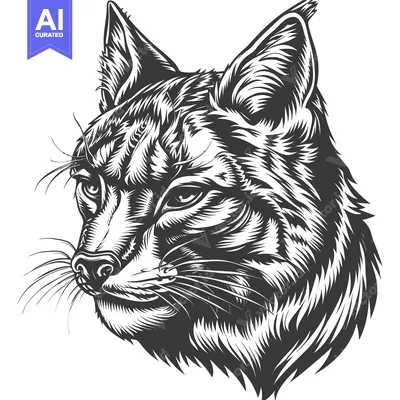 Premium design asset: Close-up Illustration of a Bobcat's Face in Black and White