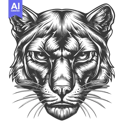 Aset desain premium: Close-up Monochrome Illustration of a Feline's Head