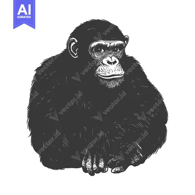 Popular premium asset: Close-up of a chimpanzee with fur and hands in a black and white illus