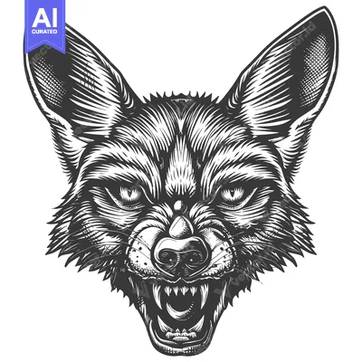 Premium design asset: Close-up of a Growling Wolf's Head in Black and White