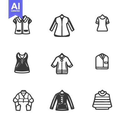Nine distinct simple garment illustrations of varying styles and desig