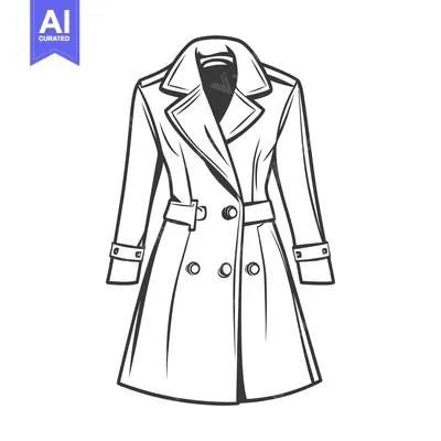 Aset premium populer: Detailed monochrome illustration depicting a stylish belted trench coa