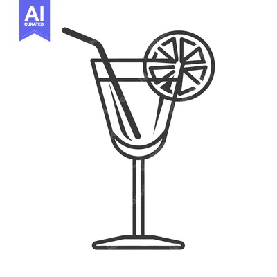 Aset desain premium: A black outlined illustration of a cocktail with a lemon garnish