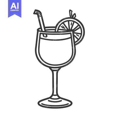 Aset desain premium: A black and white line drawing depicting a cocktail glass