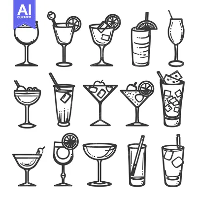 Aset desain premium: Diverse black and white illustrations of various beverage glasses