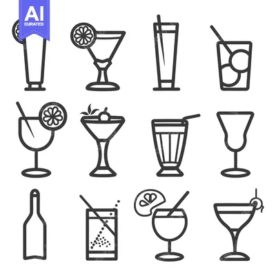 Aset premium populer: Outlined illustrations of various cocktail drinks and beverage glasses