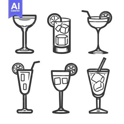 Aset premium populer: Black and white illustrations of six different cocktail glasses