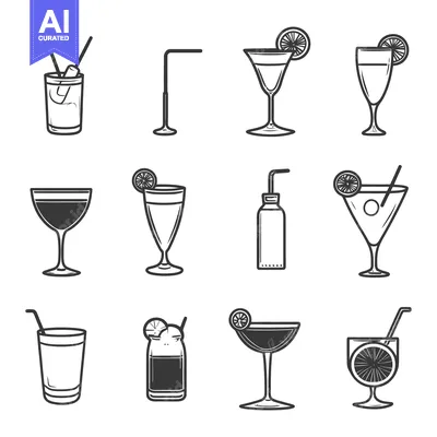 Aset desain premium: Various illustrated cocktails and drinks in black and white