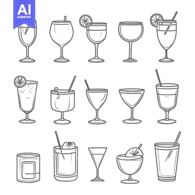 Aset desain premium: Various outlined depictions of different cocktail and drink glasses