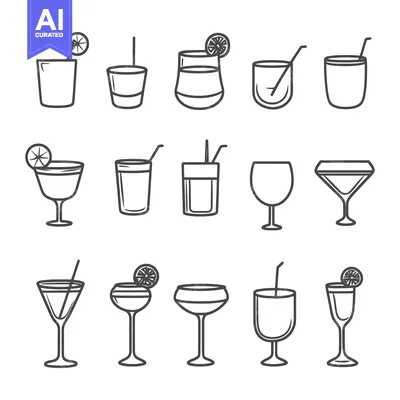 Aset premium populer: A collection of various line art style drink glasses