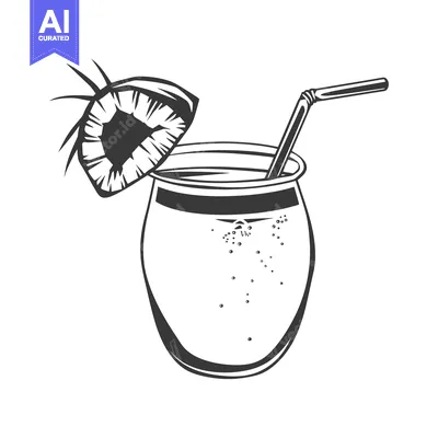 Premium design asset: A black and white drawing of a tropical drink