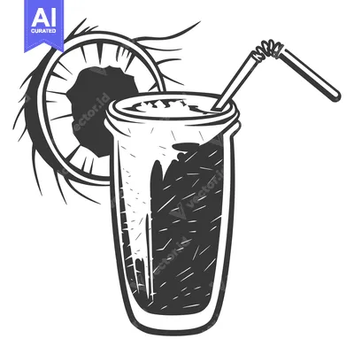 Aset premium populer: A monochrome drawing depicts a coconut cocktail in a glass