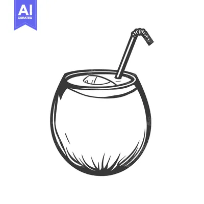 Premium design asset: A fresh beverage served inside a coconut with a straw