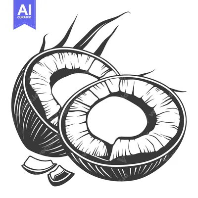 Popular premium asset: A black and white illustration of sliced coconuts with leaves