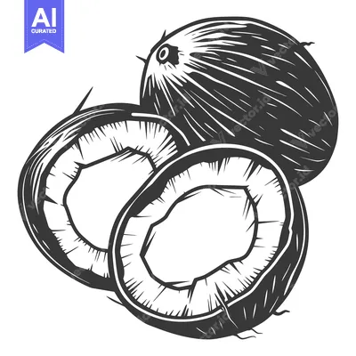 Aset premium populer: Black and white illustration depicting whole and halved coconuts