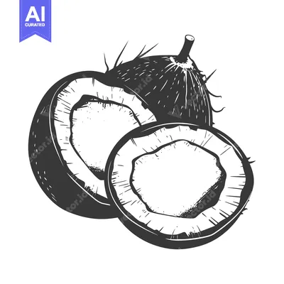 Aset premium populer: A detailed black and white drawing of two coconuts sliced open