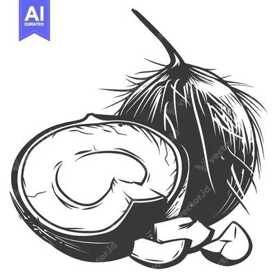 Premium design asset: A stylized black and white drawing of a coconut and its halves