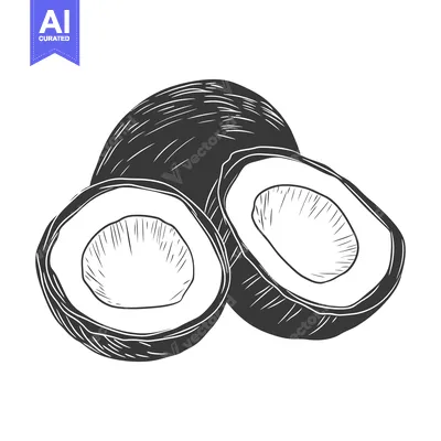 Aset desain premium: A black and white illustration of three coconuts shown