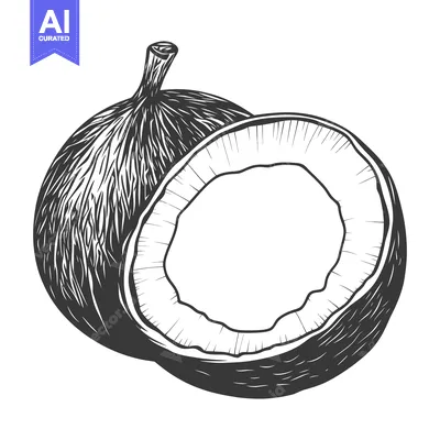 Premium design asset: A detailed black and white image of a halved coconut