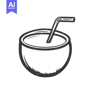 Aset desain premium: A coconut shell with a straw inside some refreshing liquid
