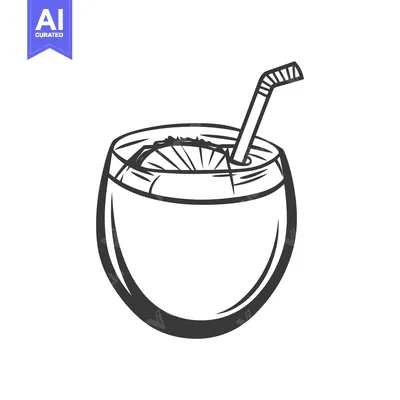 Aset desain premium: A black and white illustration depicting a tropical beverage drink