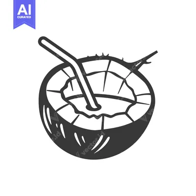 Aset desain premium: A halved coconut with a straw ready for refreshing drinking