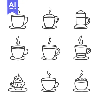 Aset premium populer: Nine different stylized line art images featuring coffee cups