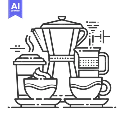 Aset desain premium: A line art illustration showcasing various coffee making and serving e
