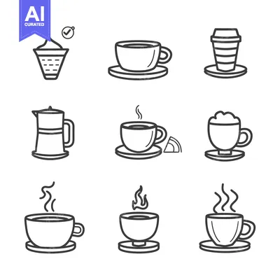 Aset premium populer: Simple outlined illustrations depict various types of caffeinated beve
