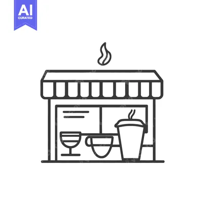 Aset premium populer: A line art illustration of a coffee shop with beverages