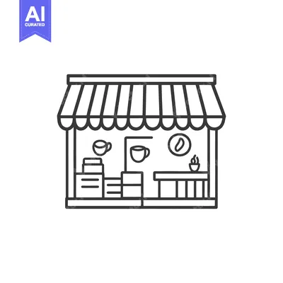 Premium design asset: A monochrome outline illustration of a small coffee shop building