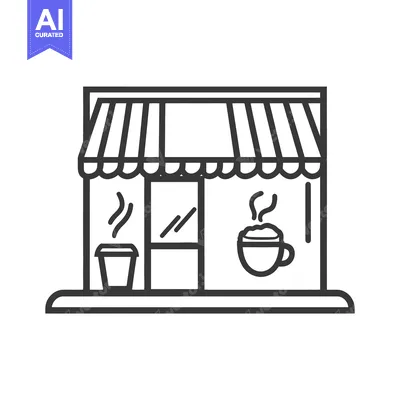 Aset desain premium: A simple black line drawing illustration of a coffee shop
