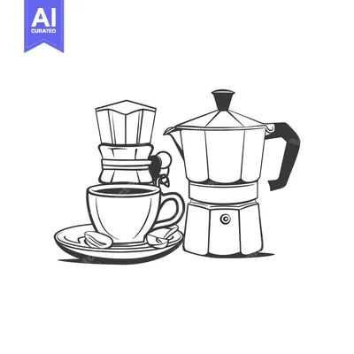 Aset desain premium: Illustration depicting a cup of coffee with coffee maker accessories