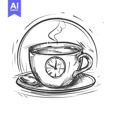Premium design asset: A monochrome illustration of a coffee cup with a clock design