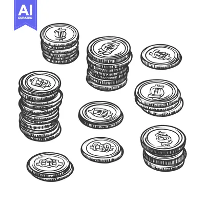 Aset premium populer: Various stacks and scattered coins depicted in a grayscale illustratio