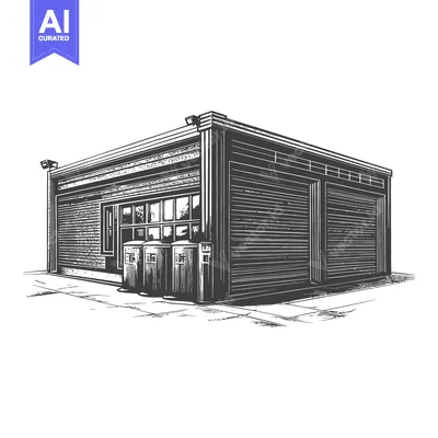 Aset desain premium: A Sketch of a Small Commercial Building with Roll Up Doors