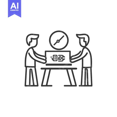 Aset desain premium: Two figures collaborate while working at a desk with a laptop