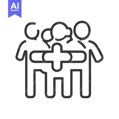 Aset premium populer: Three figures with a cross symbol suggesting assistance and discussion