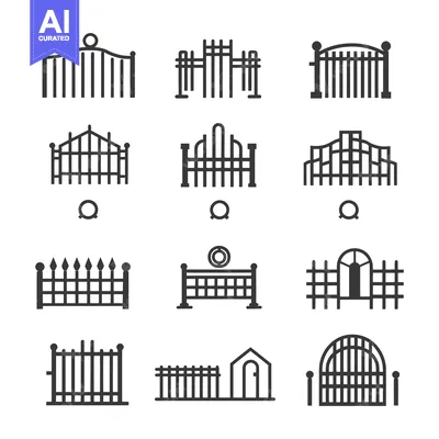 Aset desain premium: Collection of 12 Black and White Fence and Gate Icons