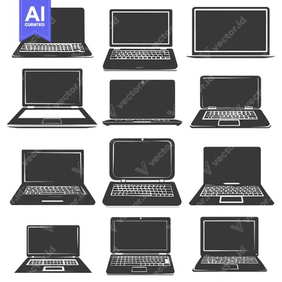 Aset premium populer: Collection of 12 black and white laptop silhouettes
