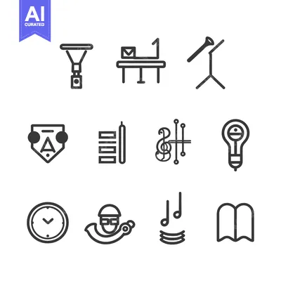 Aset desain premium: Collection of 12 Black and White Line Icons on a White Background