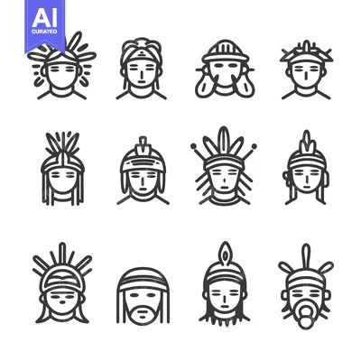 Aset desain premium: Collection of 12 Line Art Illustrations Depicting Native American Head